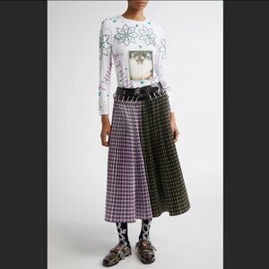 Chopova Lowena Catherine Mixed Plaid Pleated Carabiner Midi Skirt, size L NWT